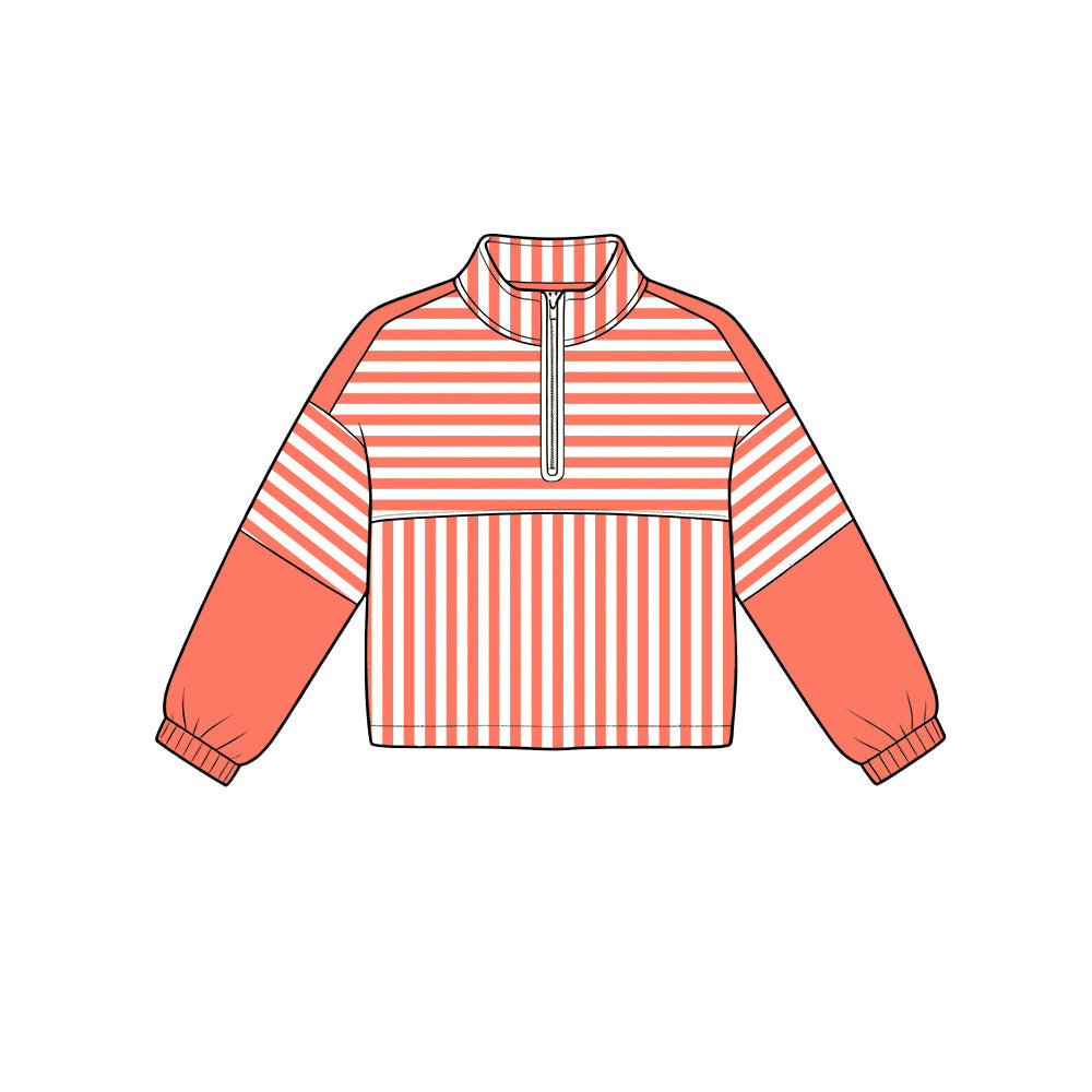Orange stripes kids girls long sleeve zip pullover yoga top preorder