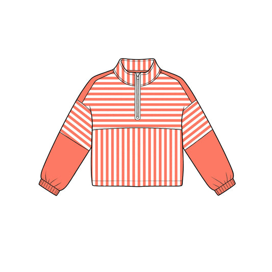 Orange stripes kids girls long sleeve zip pullover yoga top preorder