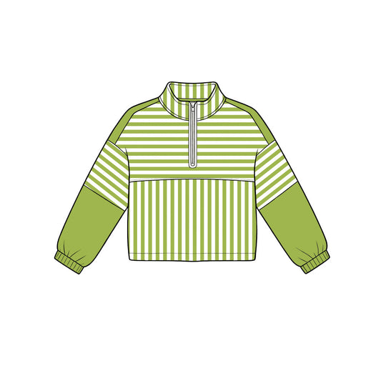 Green stripes kids girls long sleeve zip pullover yoga top preorder