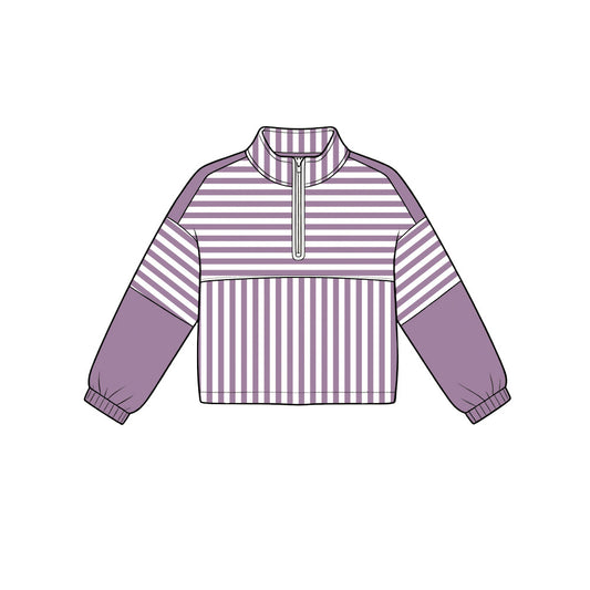 Purple stripes kids girls long sleeve zip pullover yoga top preorder
