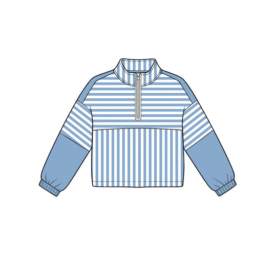 Blue stripes kids girls long sleeve zip pullover yoga top preorder