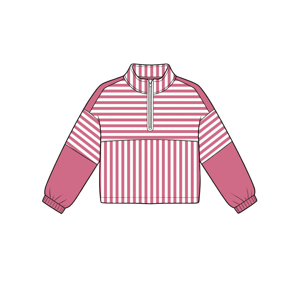 Dark pink stripes kids girls long sleeve zip pullover yoga top preorder