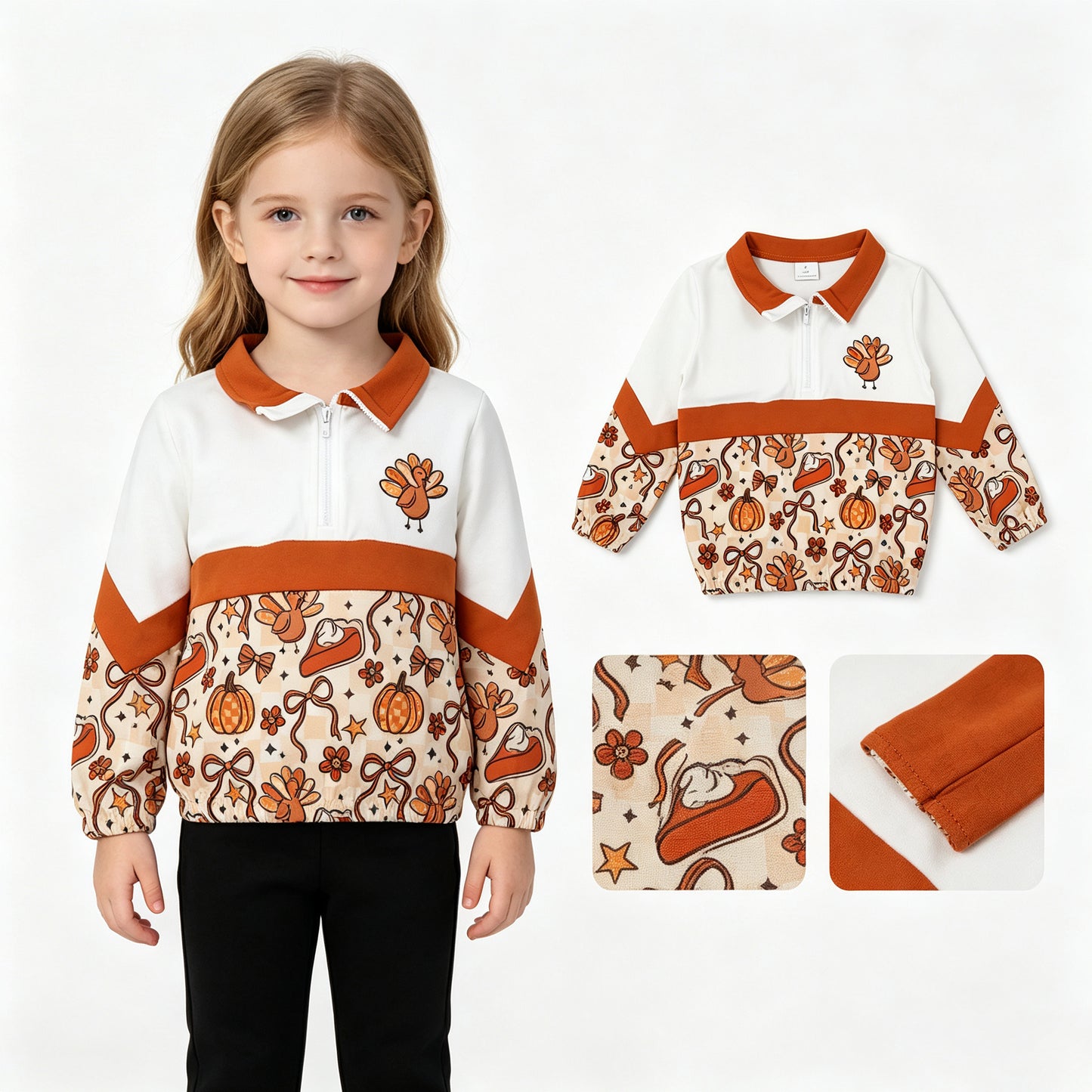Thanksgiving turkey print kids girl long sleeve pullover top