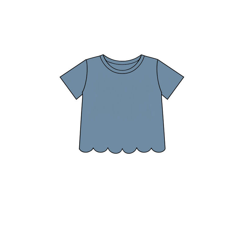 Dusty blue color kids girls short sleeve scalloped cotton top preorder