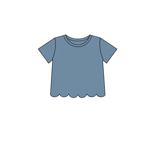 Dusty blue color kids girls short sleeve scalloped cotton top preorder