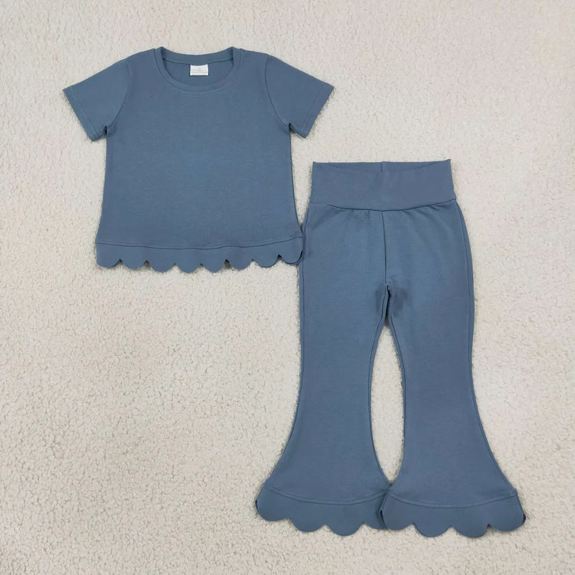Girl dusty pink short sleeve scallop top matching pants wholesale outfit
