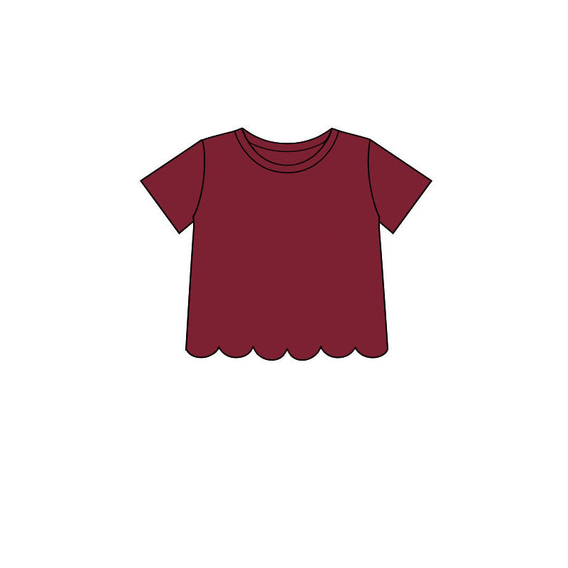 Maroon color kids girls short sleeve scalloped cotton top preorder
