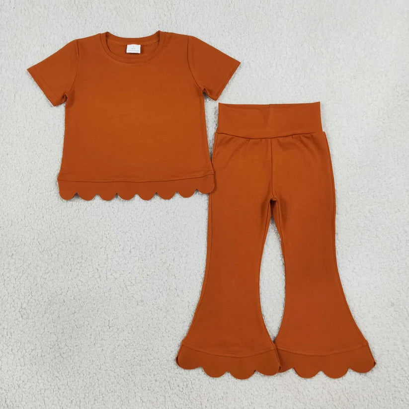 Girl dusty pink short sleeve scallop top matching pants wholesale outfit