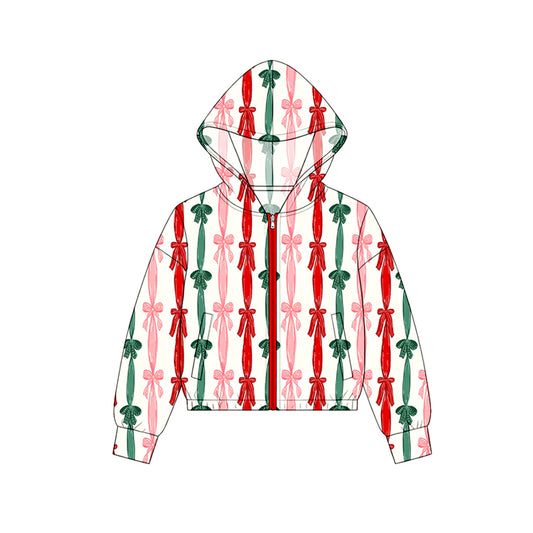 Christmas green red bow print kids girls long sleeve  hoodie top preorder