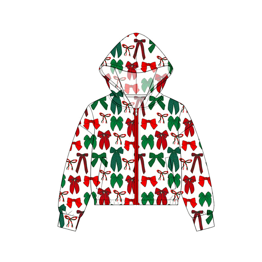 Christmas green red bow print kids girls long sleeve  hoodie top preorder