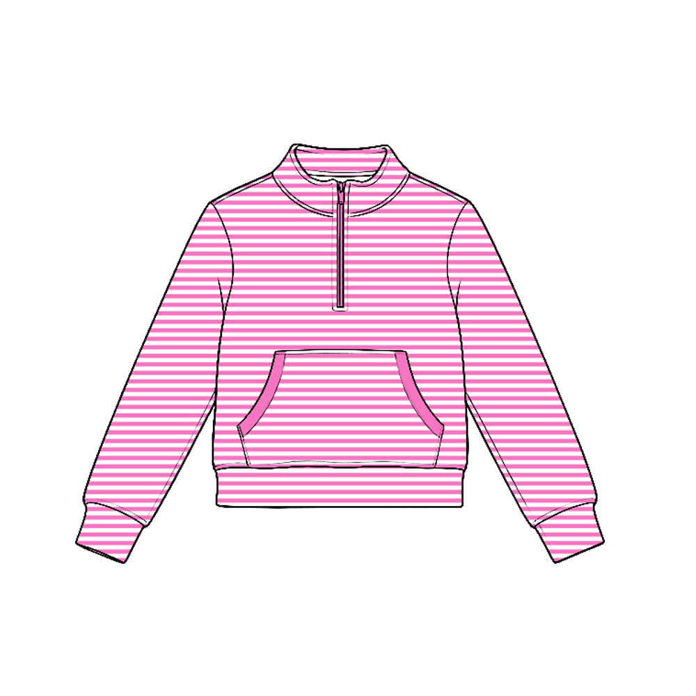 Pink stripes kids girls long sleeve zip pullover yoga top preorder
