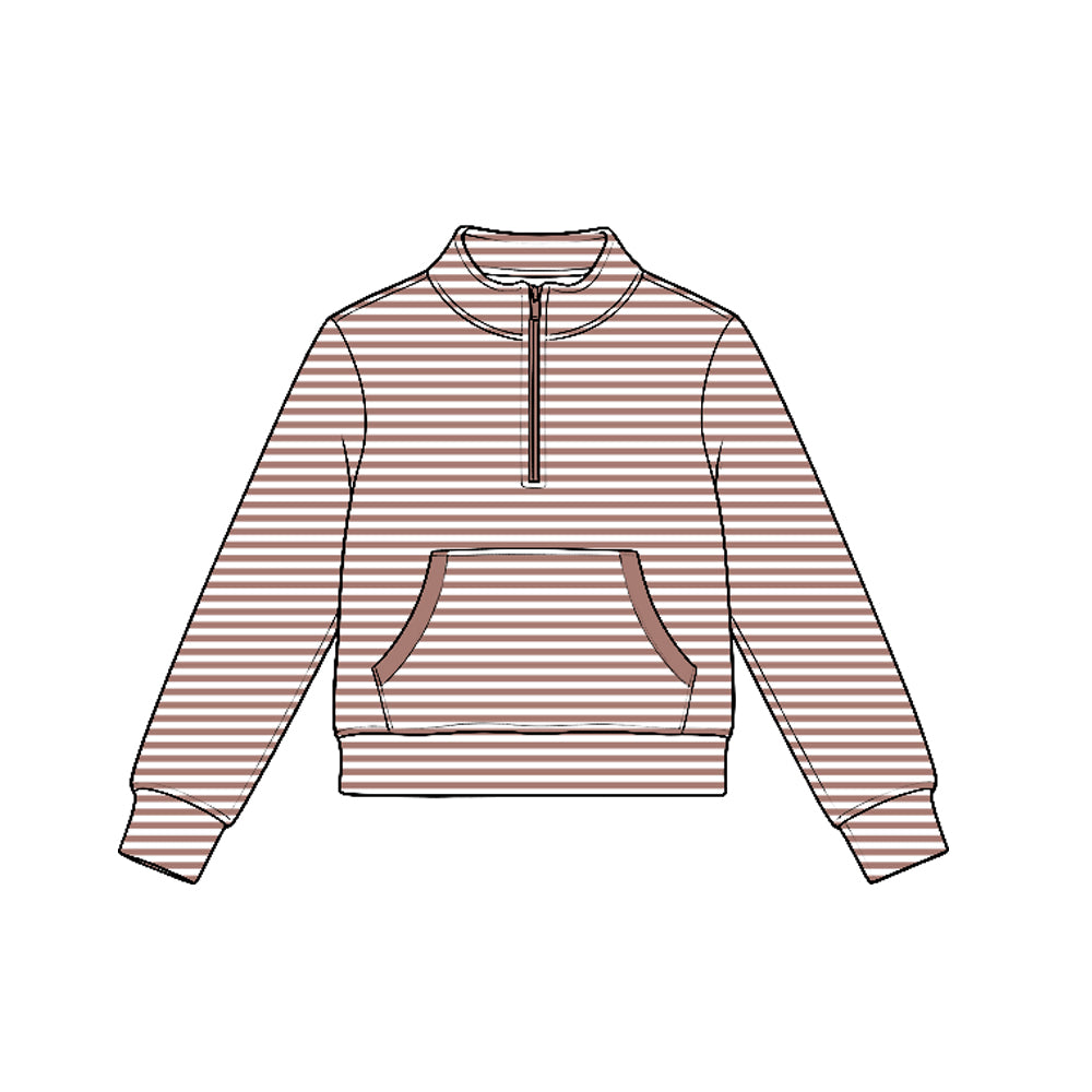 Brown stripes kids girls long sleeve zip pullover yoga top preorder