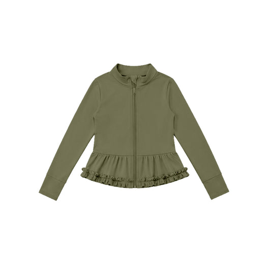 Forest green color kids girls long sleeve zip pullover yoga top preorder