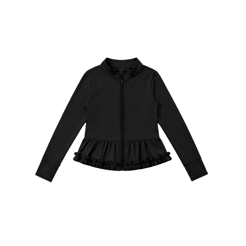 Black color kids girls long sleeve zip pullover yoga top preorder
