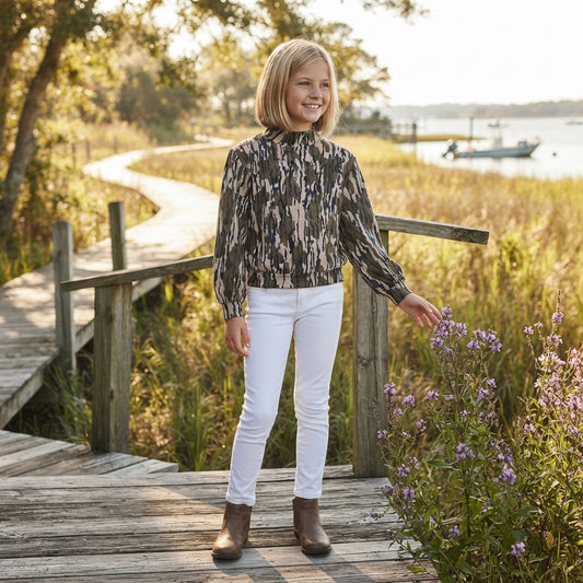 Camo print kids girls long sleeve mock neck yoga top