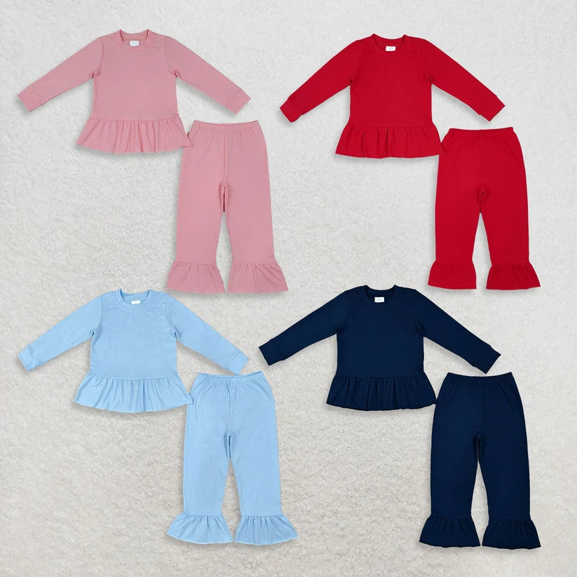 Blue color long sleeve top matching pants girls clothes set