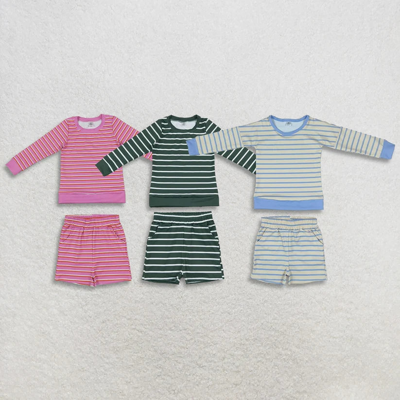 Yellow stripes long sleeve yoga pullover top matching shorts girls outfit