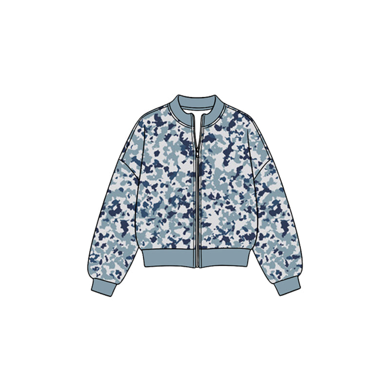 Blue navy camo color girl long sleeve yoga zip top preorder