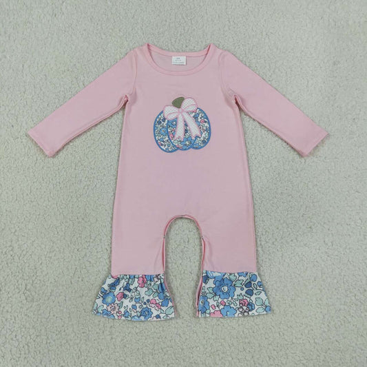 Toddle baby girl blue floral embroidery pumpkin long sleeve romper