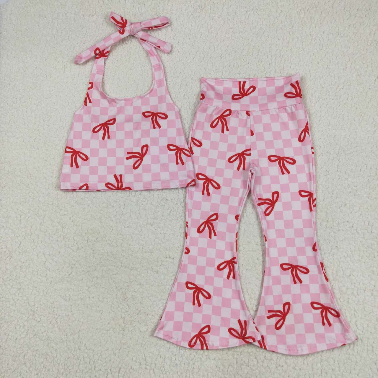 Pink plaid bow design halter top matching bell bottoms outfit