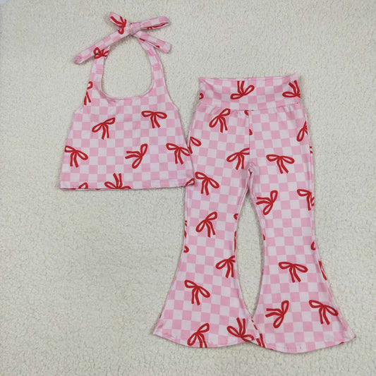 Pink plaid bow design halter top matching bell bottoms outfit