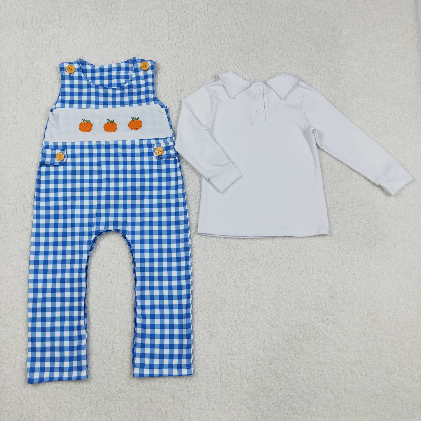 Toddle baby boy long sleeve top blue gingham pumpkin 2pcs romper