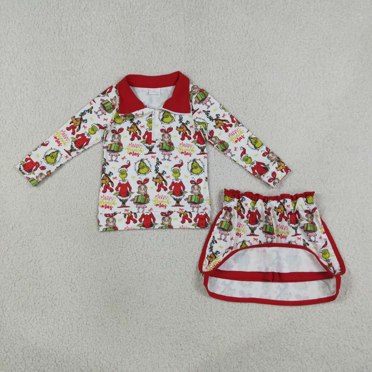 Christmas greenface pullover matching skort  girls long sleeve outfit