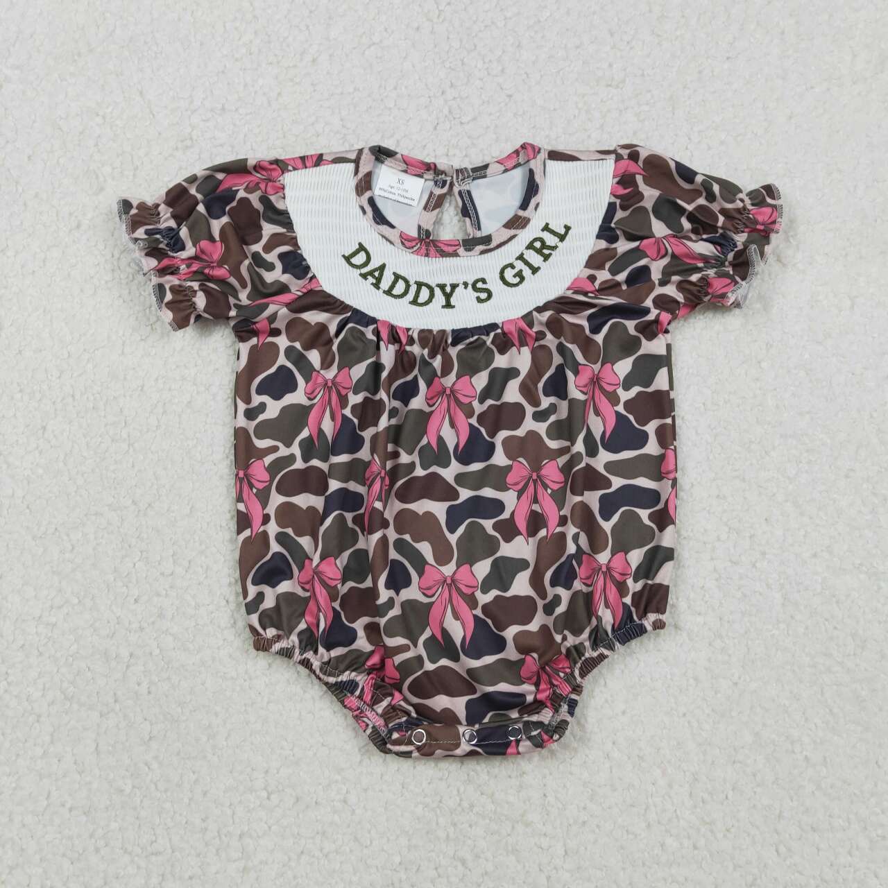 Daddys girl pink bow camo kids smocked romper