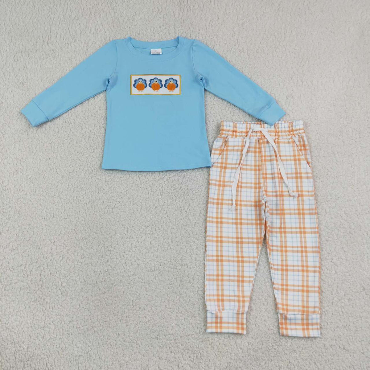 Thanksgiving turkey embroidery print long sleeve top matching pants boy outfit