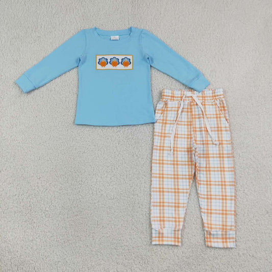 Thanksgiving turkey embroidery print long sleeve top matching pants boy outfit