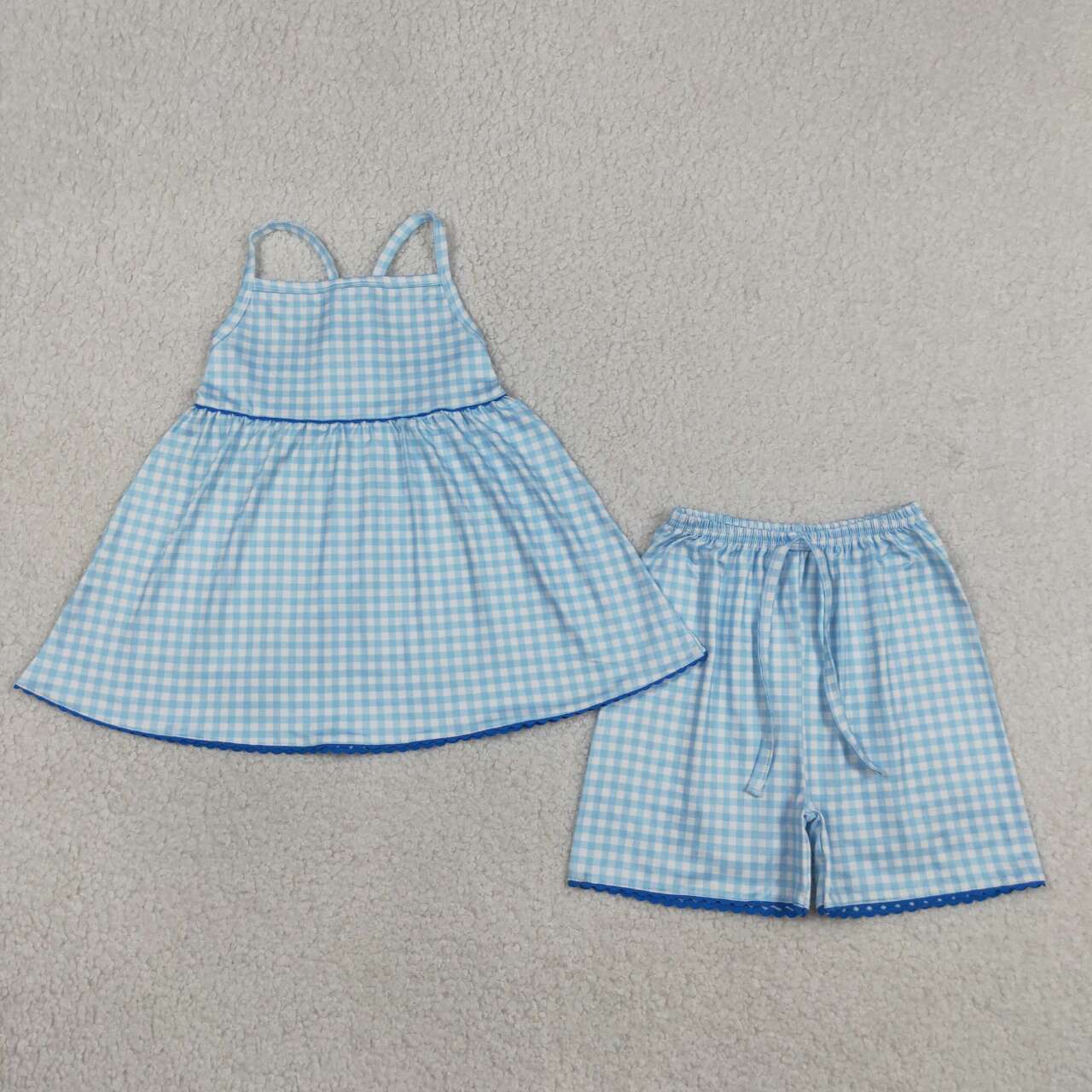 Blue plaid design top matching shorts girls summer outfit