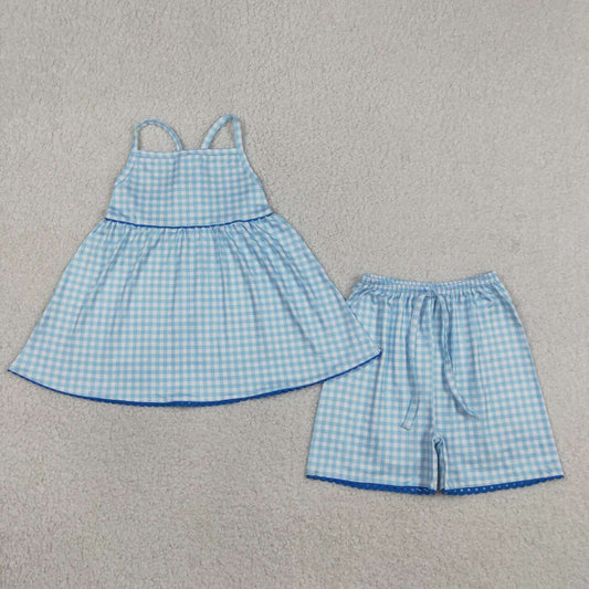Blue plaid design top matching shorts girls summer outfit