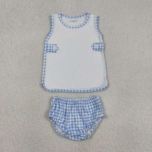 White tank top blue plaid boys summer bummies outfit