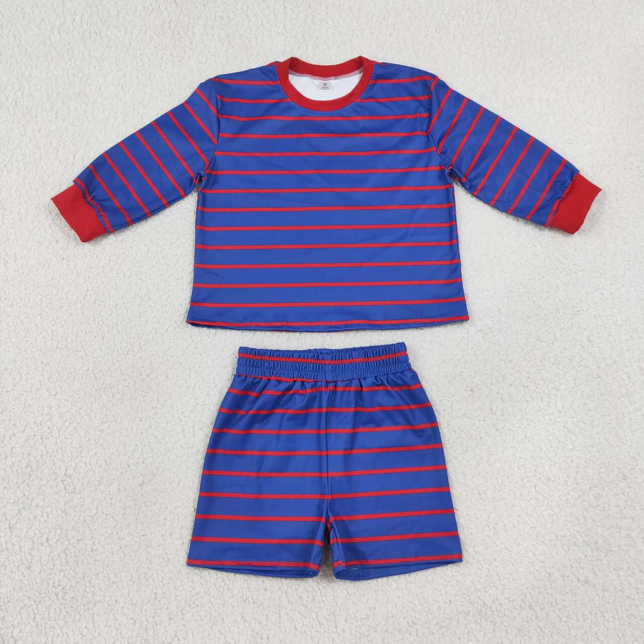 Royal blue stripes long sleeve yoga pullover top matching shorts girls outfit