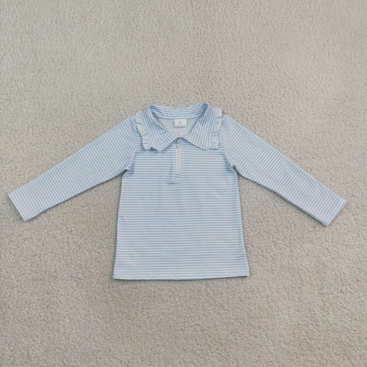 Blue stripes kids girls long sleeve zip pullover top