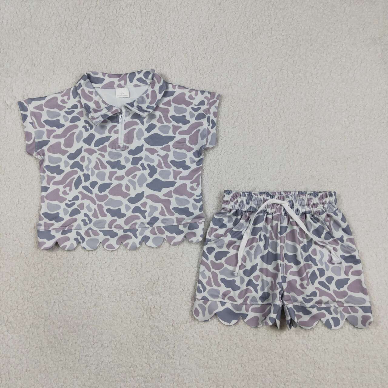 Grey Camo short sleeve pullover top matching shorts girl summer outfit