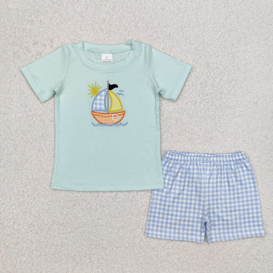 Baby boy embroidery sailboat design summer outfit