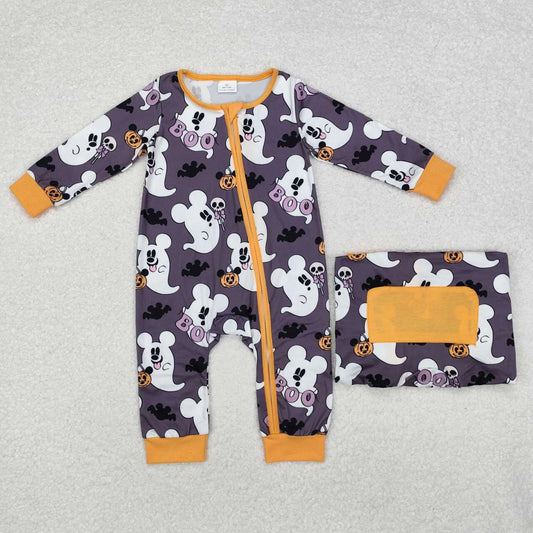 infant kids baby boy halloween ghost pumpkin zip romper