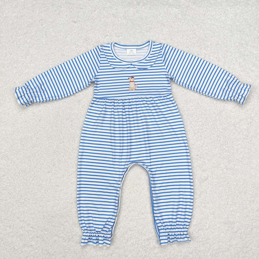 wholesalel toddle kids girls embroidery cute dog blue stripes romper