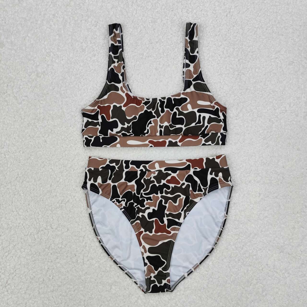 Adult women dark green brown camo two pieces swimwear