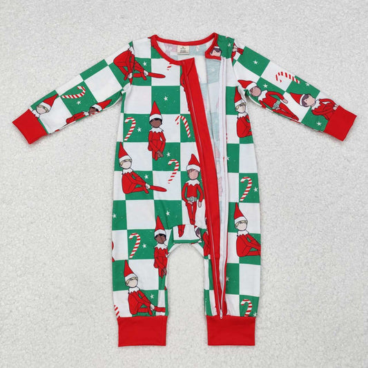 Baby boy Christmas candy cane checkered bamboo zip romper