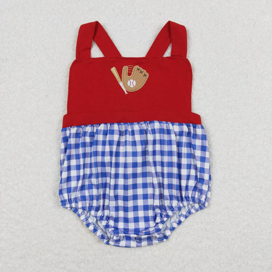 baby boy embroidery baseball blue gingham romper