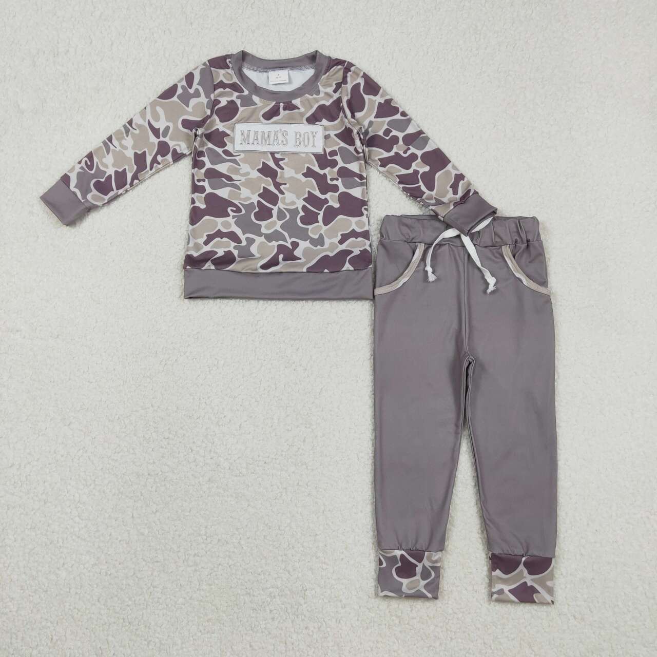 Embroidery mamas boy dark grey camo top matching pants outfit