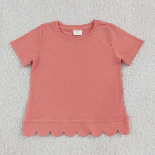 Pink color kids girls short sleeve scalloped cotton top