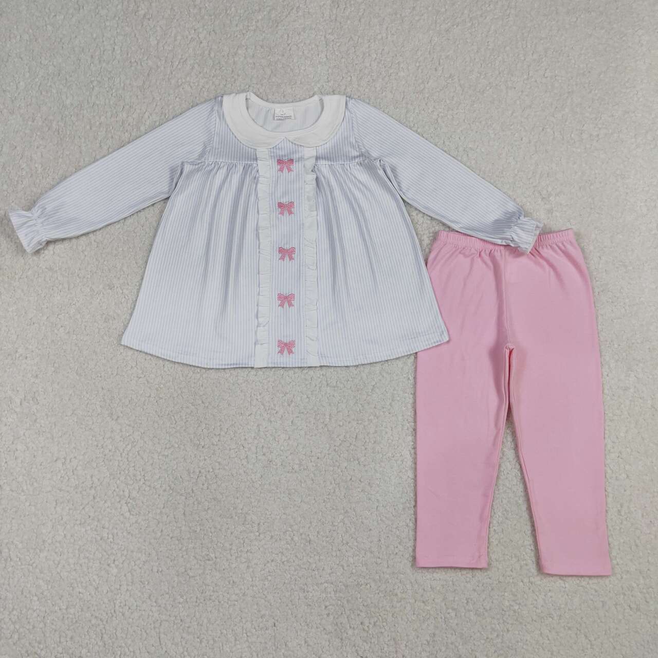 Embroidery Pink bow girls long sleeve outfit