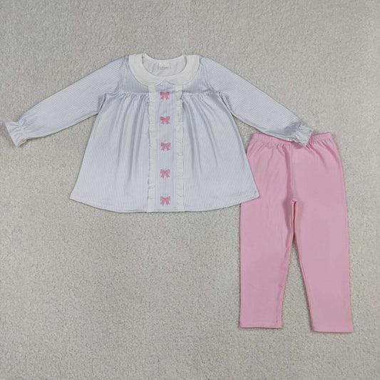Embroidery Pink bow girls long sleeve outfit