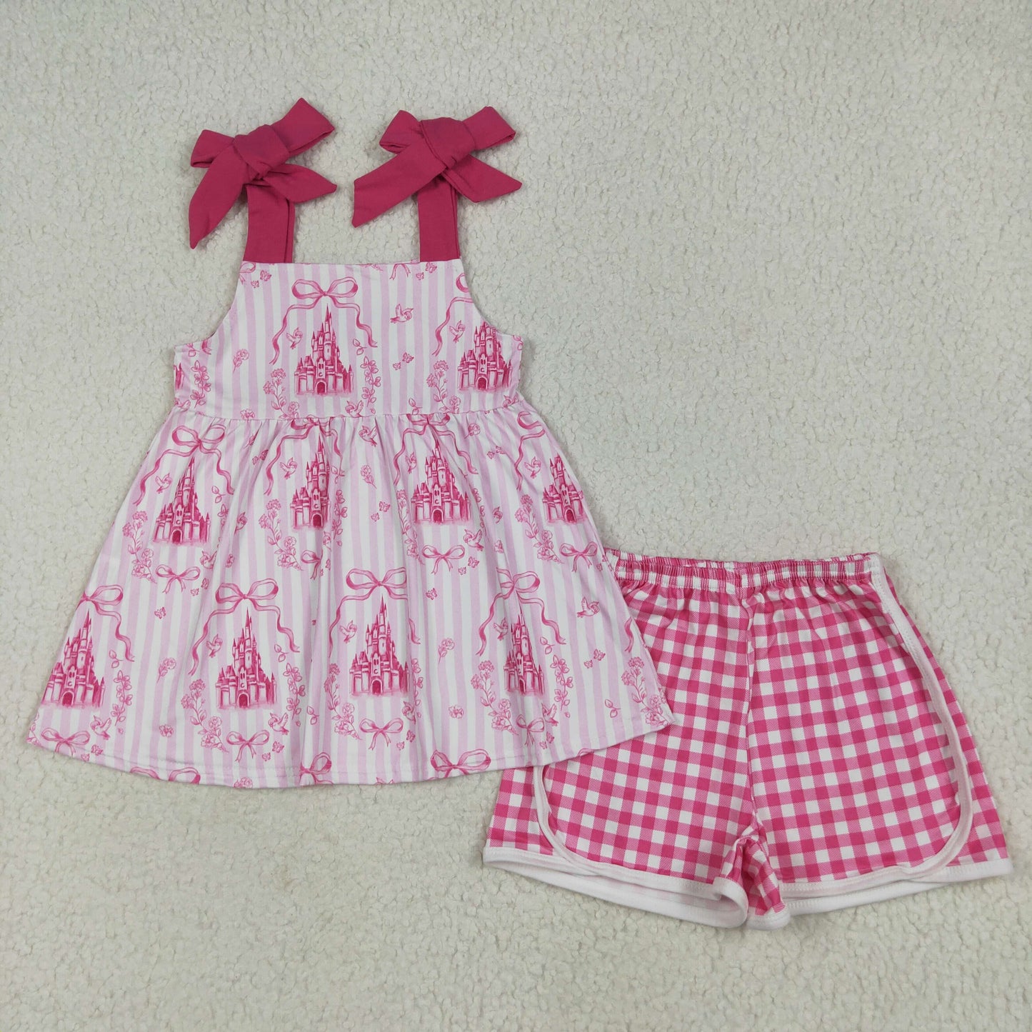 Pink bow castle shirt matching shorts baby girl outfit