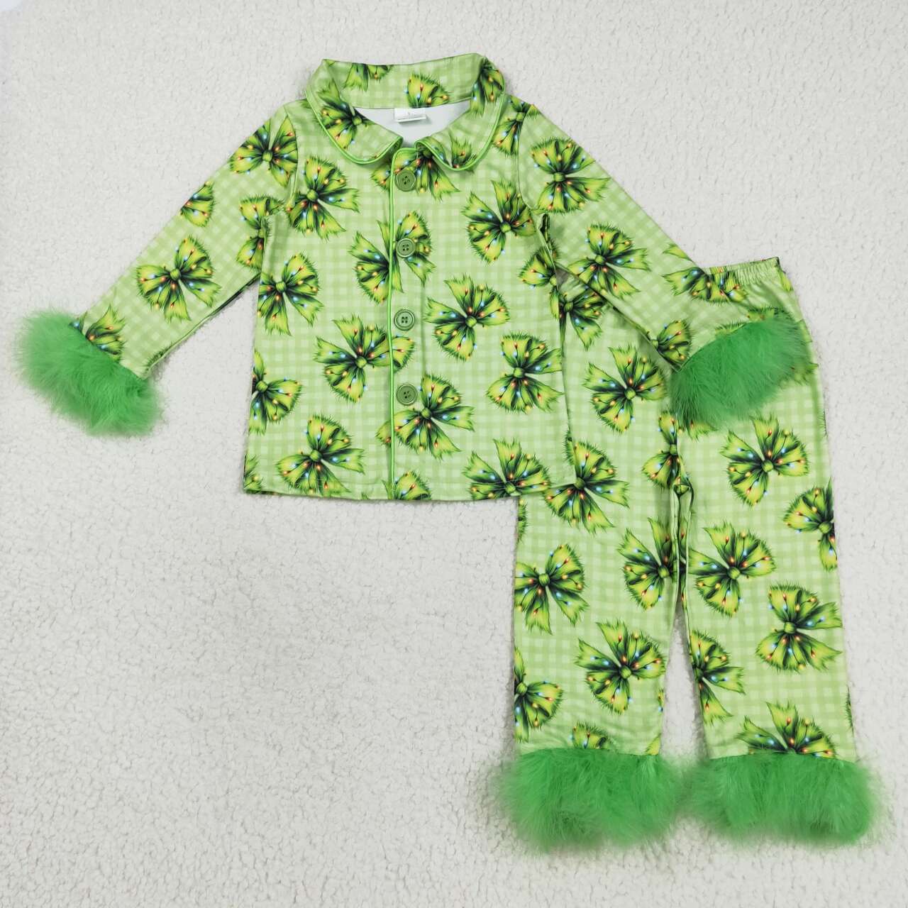 Christmas green bow girls long sleeve pajama set outfit