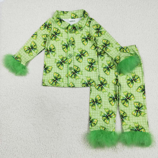 Christmas green bow girls long sleeve pajama set outfit