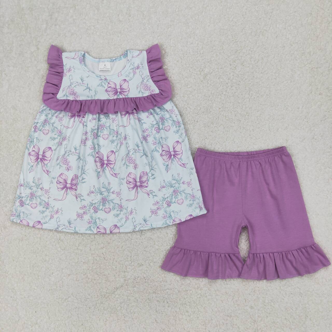 Baby girl lavender bow floral shirt matching shorts summer clothes